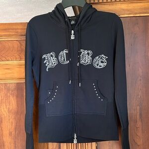 BCBGMaxazria Black Hoodie Top Embroidered with Silver Rhinestones , Size M